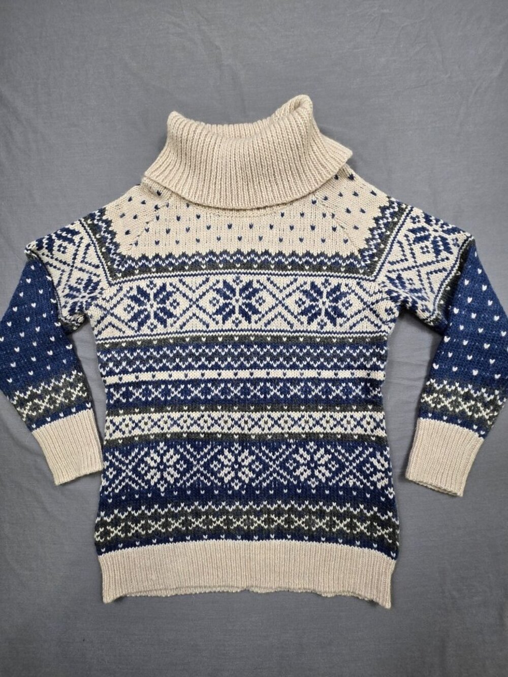 Gander Mountain Womens Large Turtleneck Sweater Blue Fair Isle Knit Wool Blend
